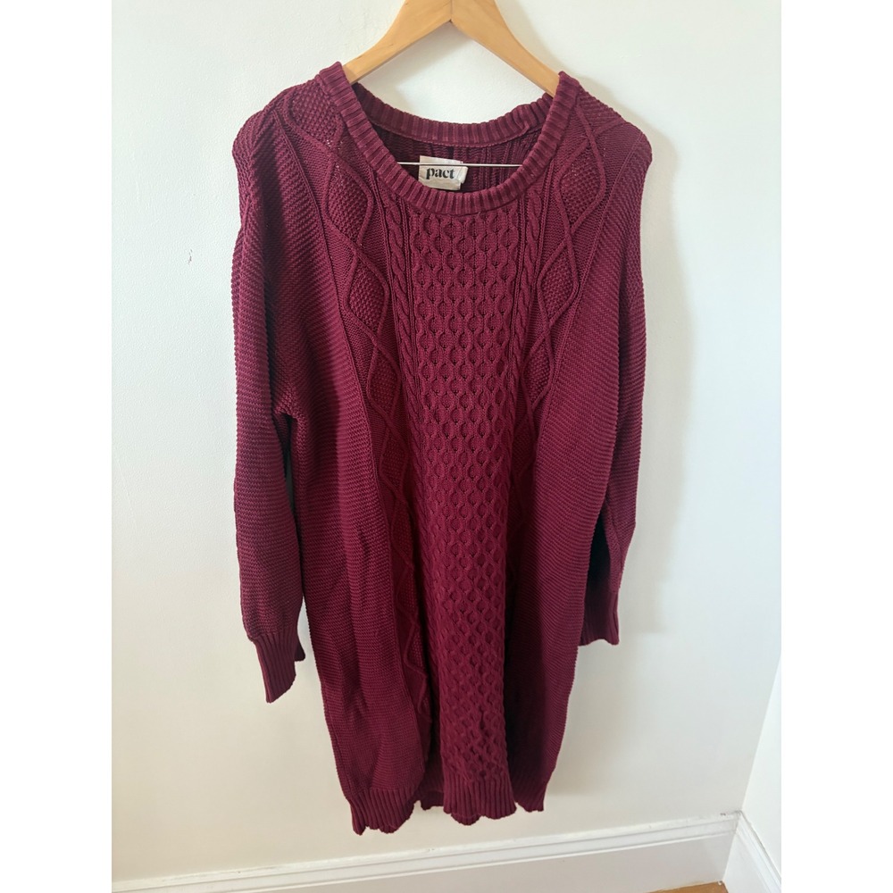 Pact Organic Cotton Cable Knit Sweater Dress Burgundy Wine Medium M Longline